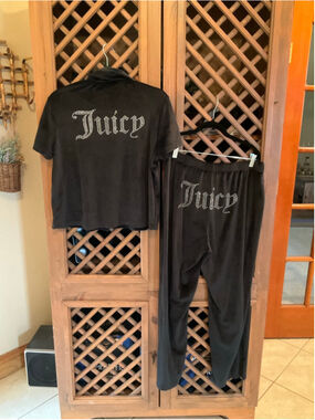Juicy Couture Black Rhinestone Logo Pajama Set Y2K Sleepwear Large